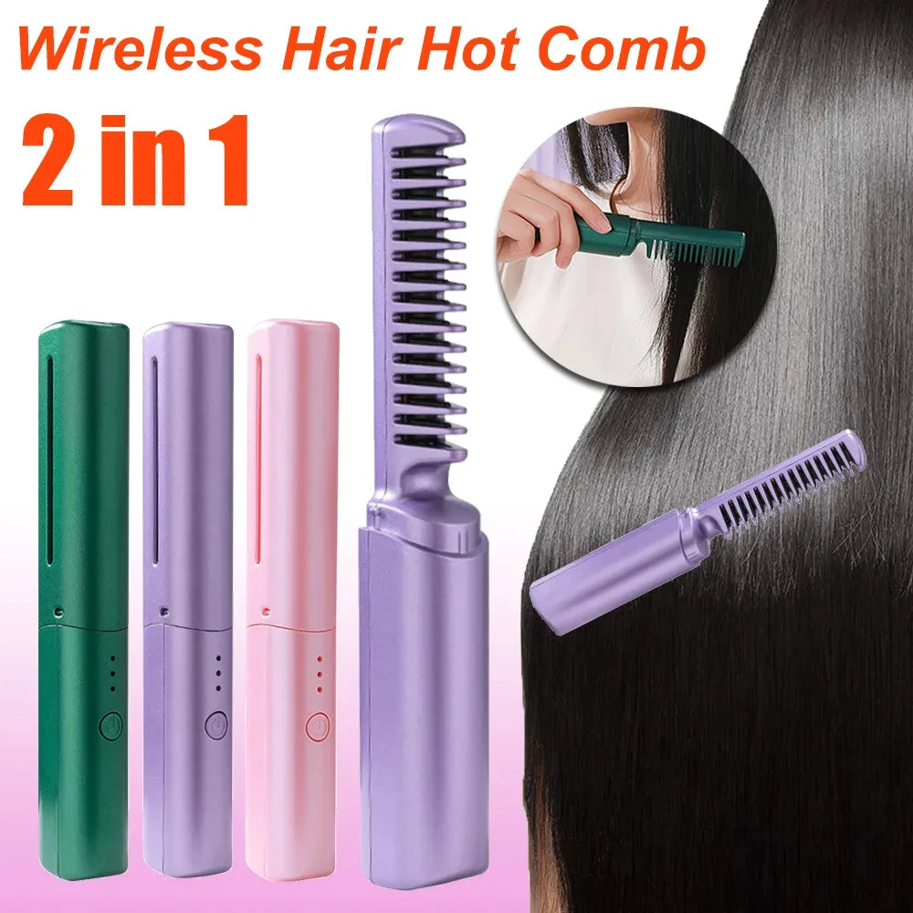 Professional Wireless Hair Straightener Curler Comb Fast Heating Negative Ion St